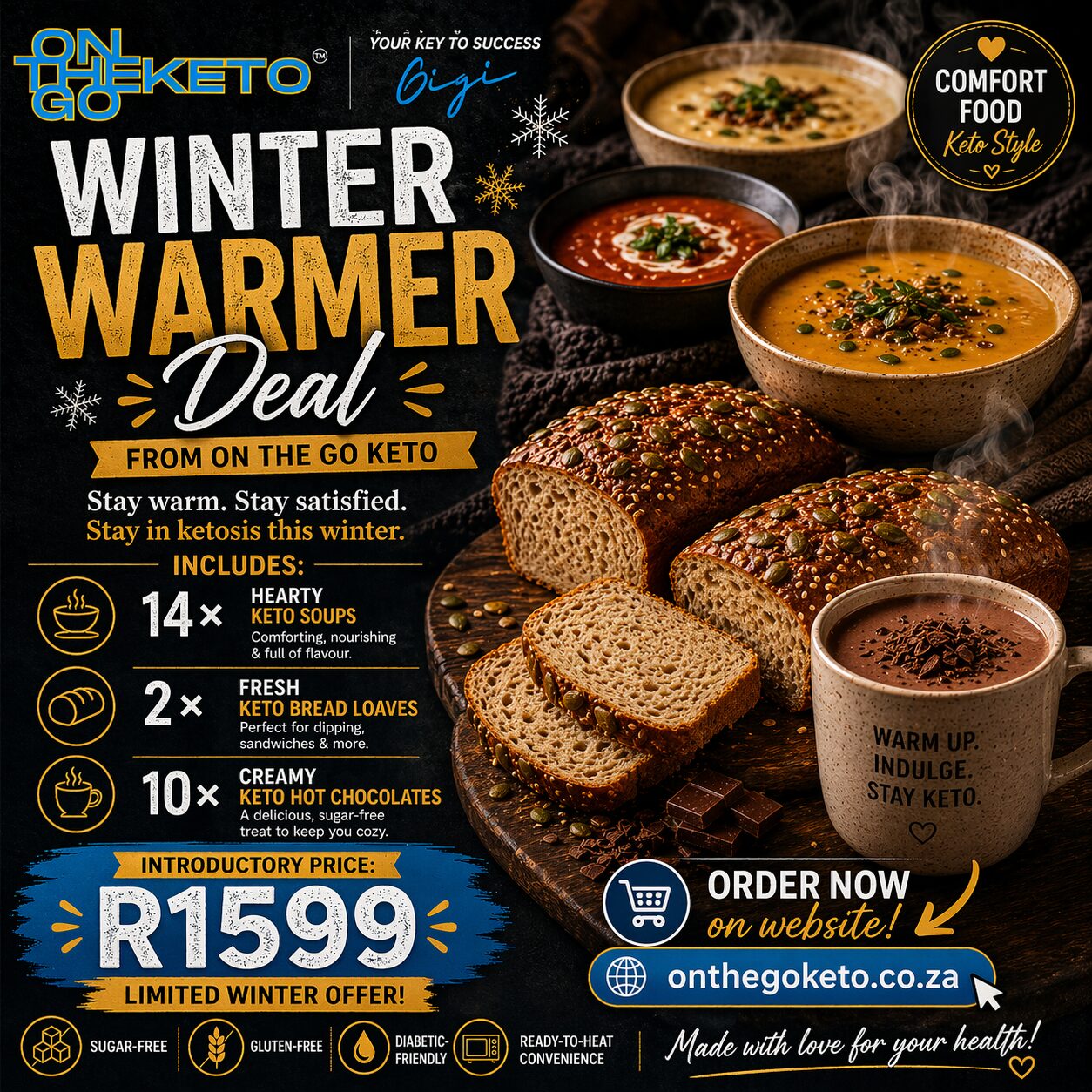 Winter warmer combo: 14 soups, 2 loaves bread and 10 portion Hot chocolate