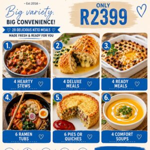 28 keto meal combo, pies, stews, soups, ready meals and deluxe meals.